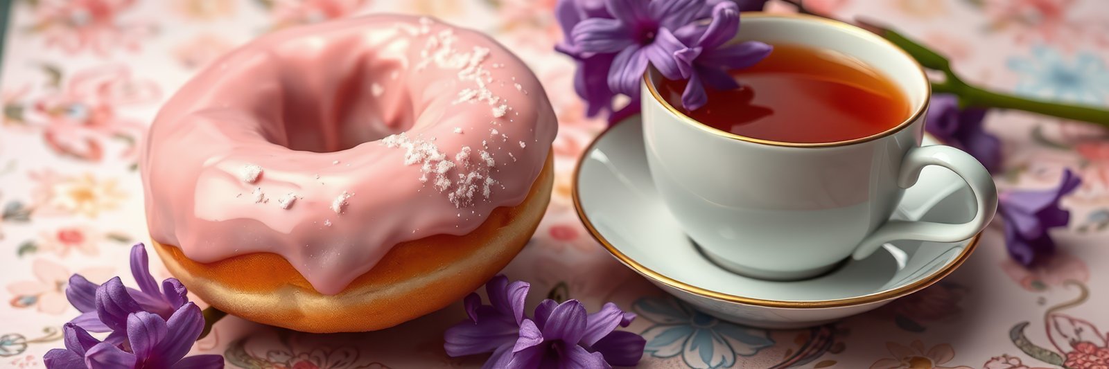 Enjoying a sweet donut and tea with flowers on a floral tablecloth during a cozy afternoon